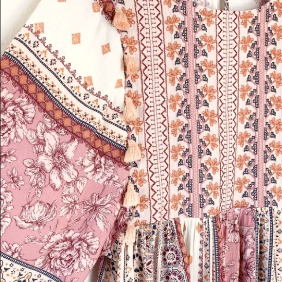 AEO Embroidered Balloon Sleeve Tassel Peasant Patchwork Peplum Top - Picture 6 of 11